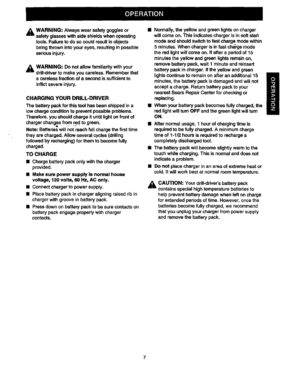 Charging your drill-driver, To charge, Operation | Craftsman 973.2748.70 User Manual | Page 7 / 16