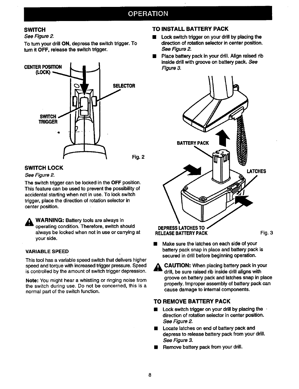 Switch, To install battery pack, Switch lock | To remove battery pack, Operation | Craftsman 973.2748.70 User Manual | Page 8 / 16