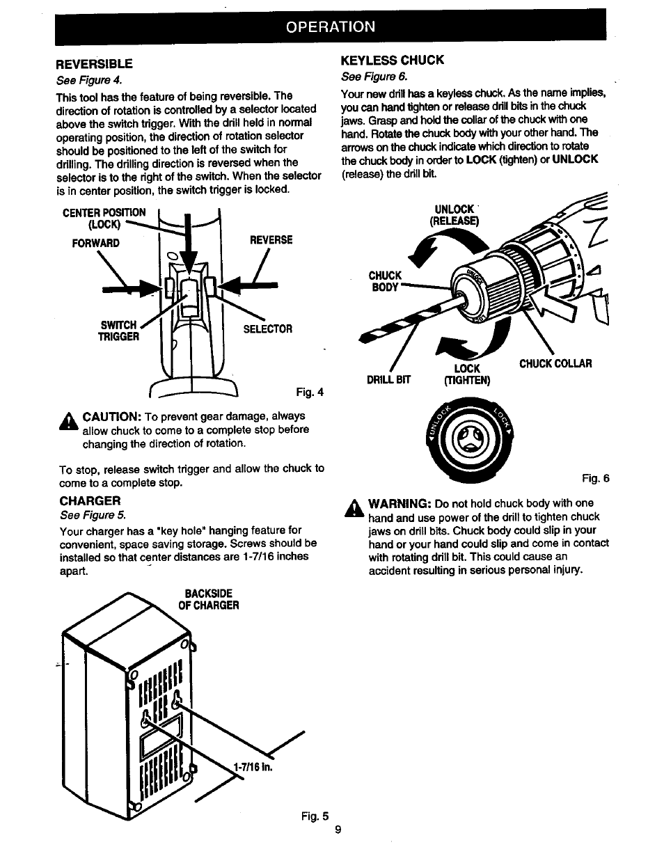 Reversible, Center position (lock), Forward | Keyless chuck, Charger, Fig. 5, Operation | Craftsman 973.2748.70 User Manual | Page 9 / 16
