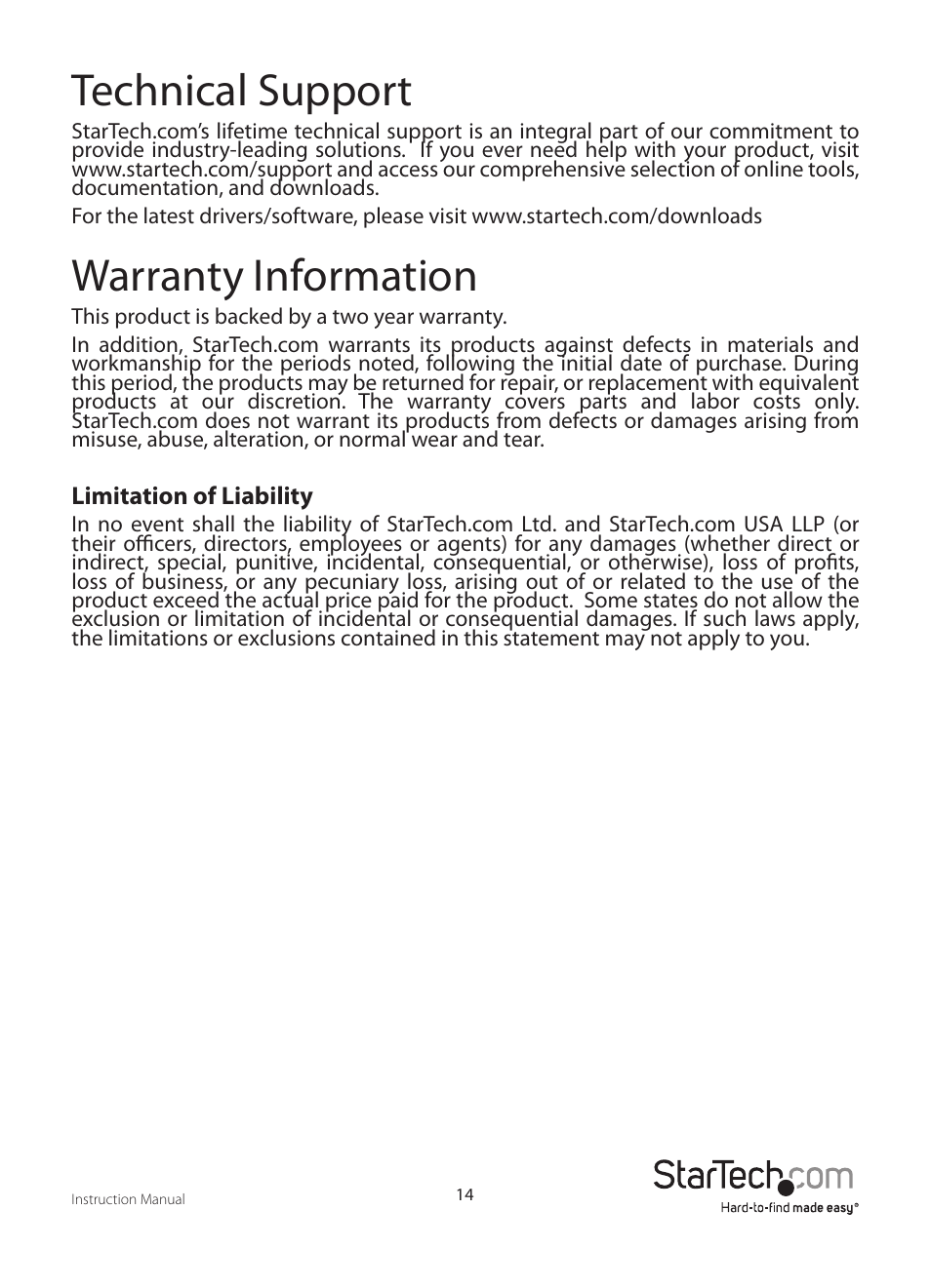 Technical support, Warranty information | StarTech.com IPUSB2HD2 User Manual | Page 17 / 18