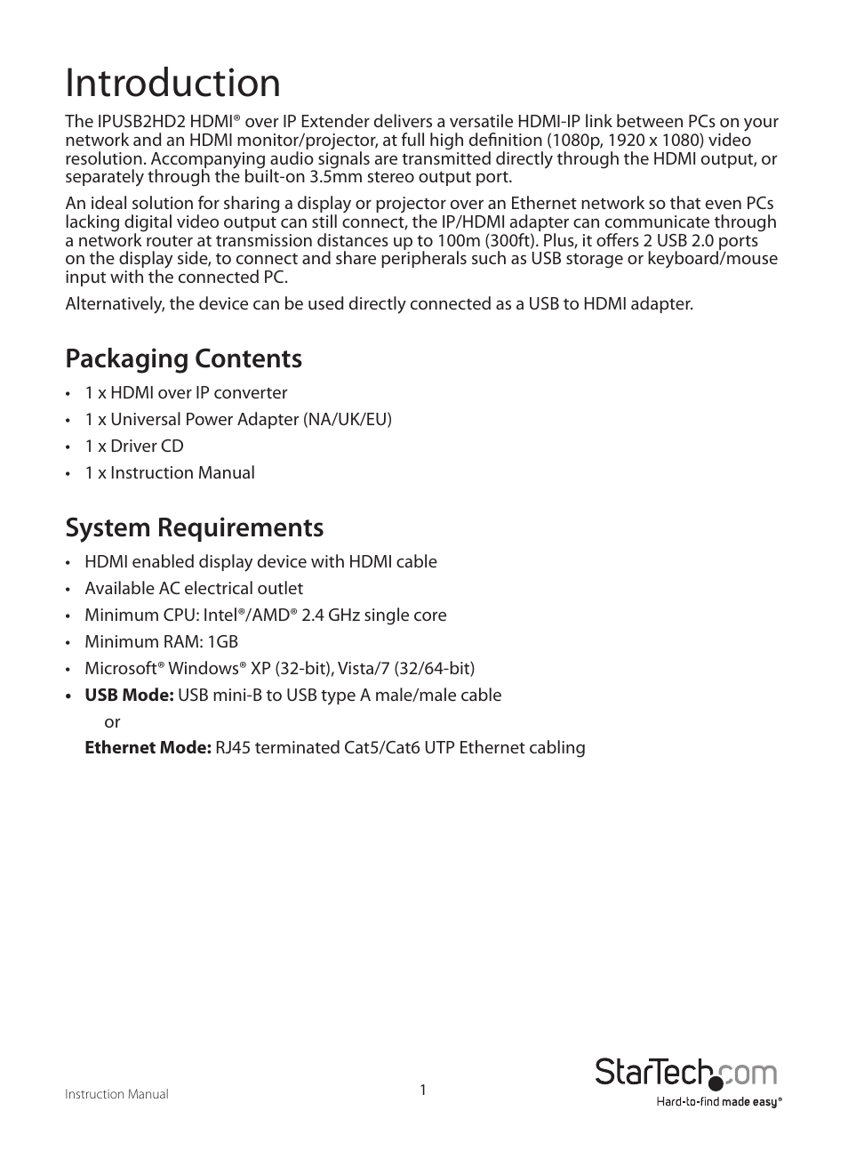 Introduction, Packaging contents, System requirements | StarTech.com IPUSB2HD2 User Manual | Page 4 / 18