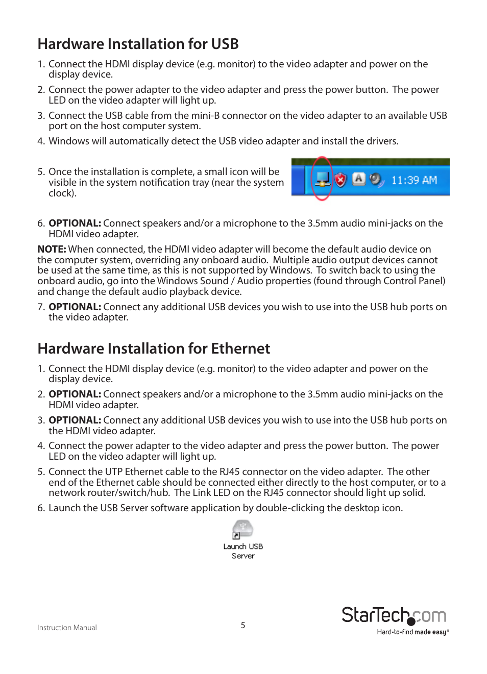 Hardware installation for usb, Hardware installation for ethernet | StarTech.com IPUSB2HD2 User Manual | Page 8 / 18