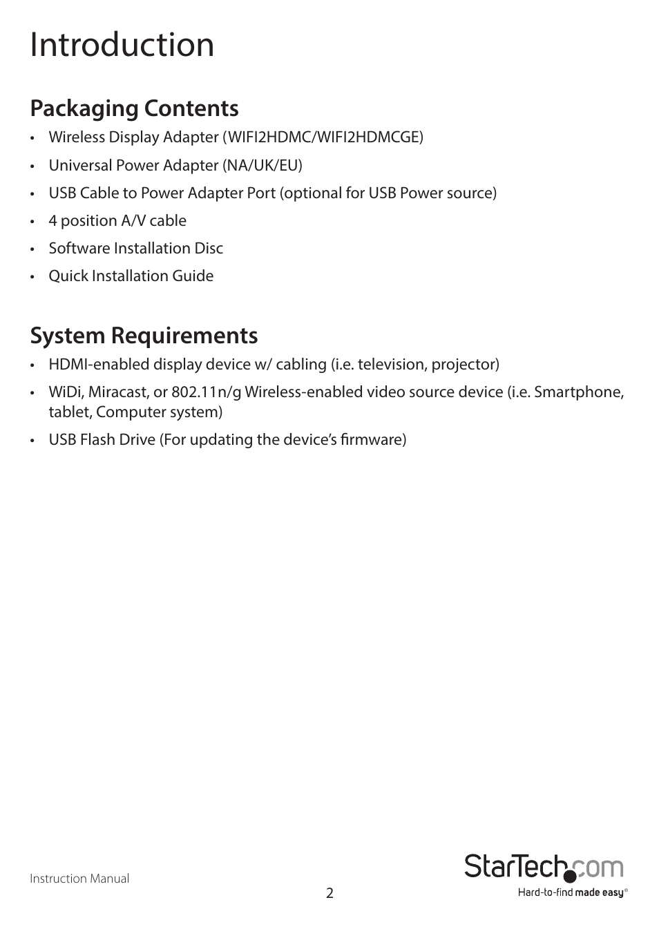 Introduction, Packaging contents, System requirements | StarTech.com WIF2HDMC Quick Start User Manual | Page 5 / 20