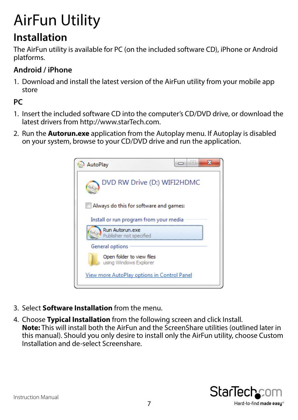 Airfun utility, Installation | StarTech.com WIFI2HDMCGE Manual User Manual | Page 11 / 34