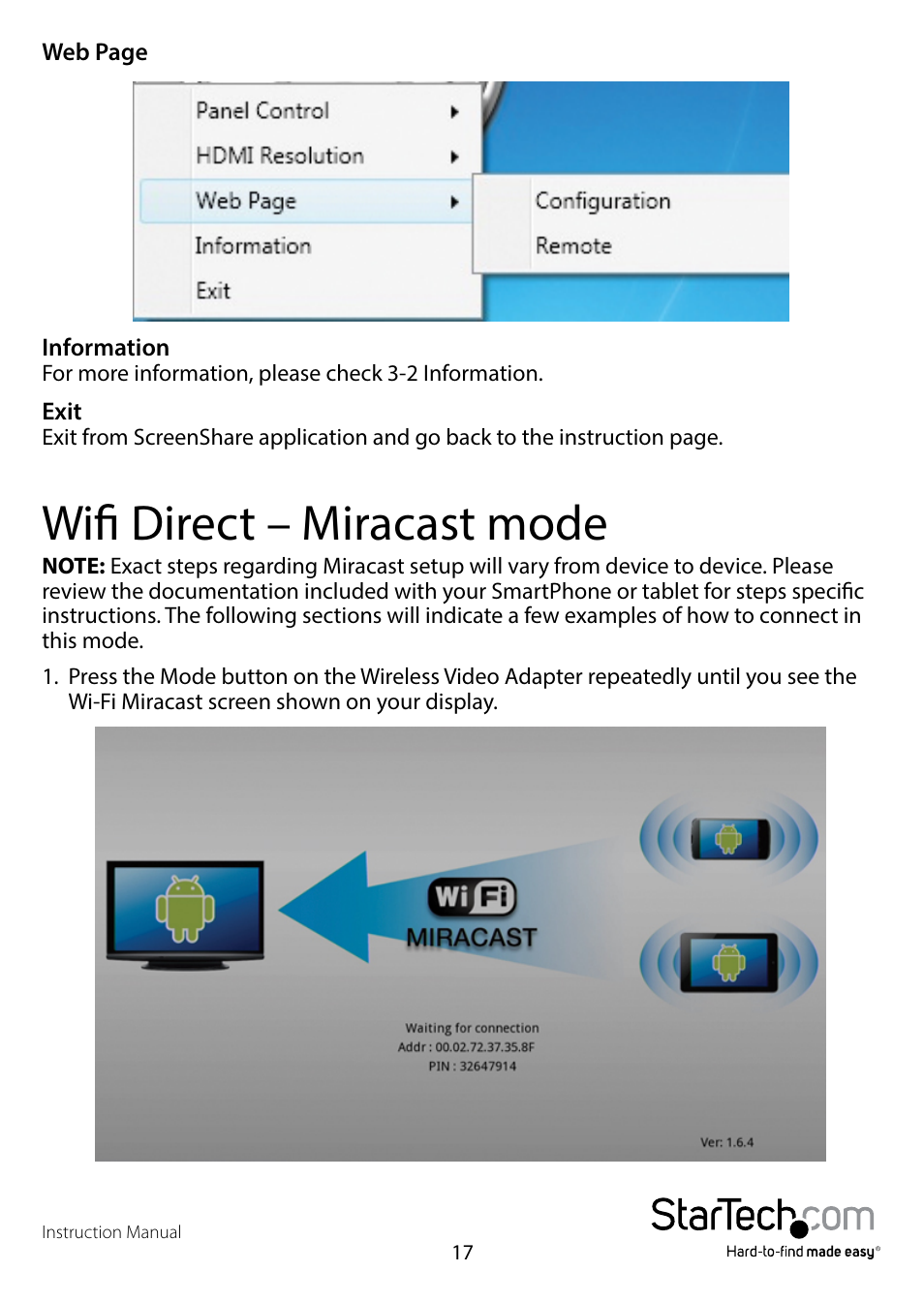 Wifi direct – miracast mode | StarTech.com WIFI2HDMCGE Manual User Manual | Page 21 / 34