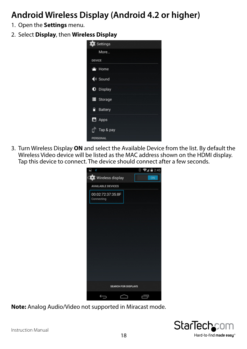 Android wireless display (android 4.2 or higher) | StarTech.com WIFI2HDMCGE Manual User Manual | Page 22 / 34