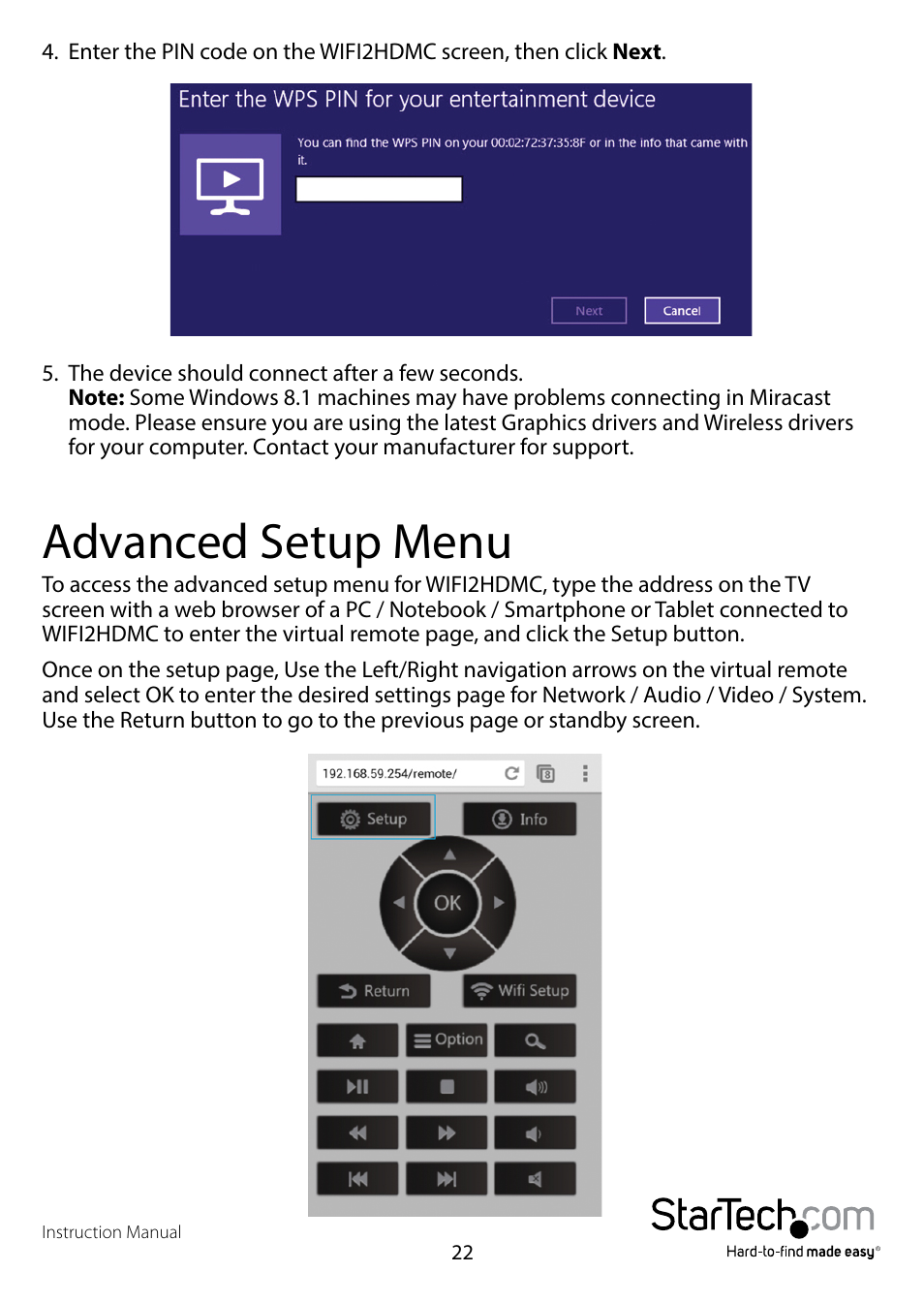 Advanced setup menu | StarTech.com WIFI2HDMCGE Manual User Manual | Page 26 / 34