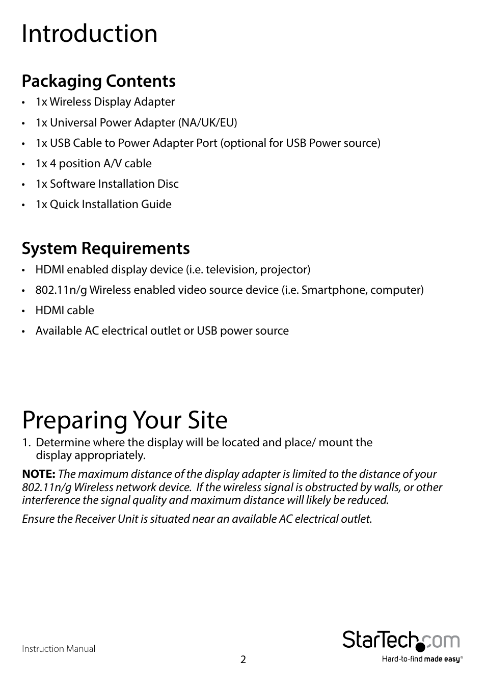 Introduction, Packaging contents, System requirements | Preparing your site, Packaging contents system requirements | StarTech.com WIFI2HDMCGE Manual User Manual | Page 6 / 34