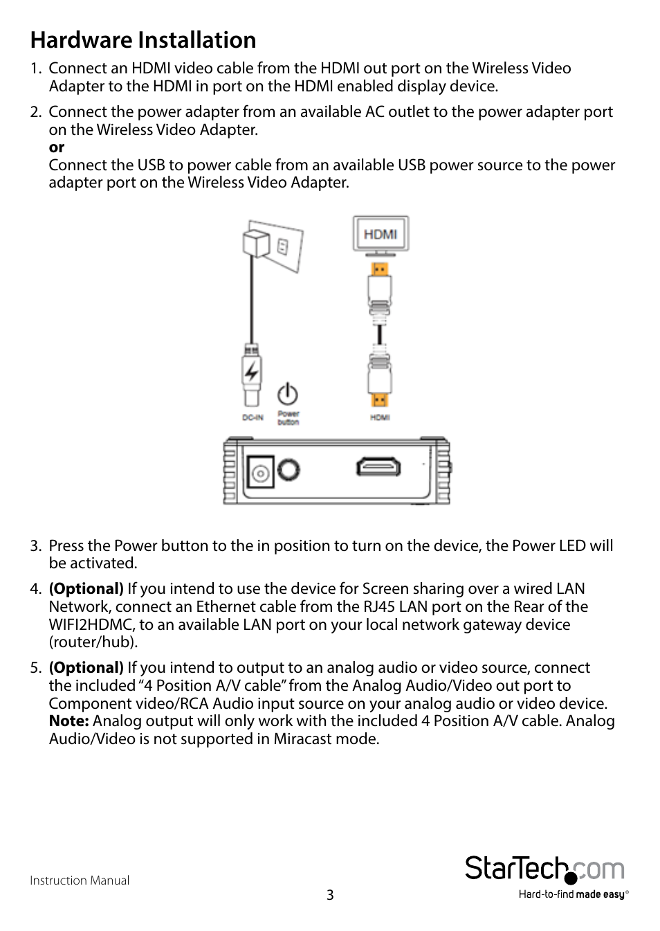 Hardware installation | StarTech.com WIFI2HDMCGE Manual User Manual | Page 7 / 34