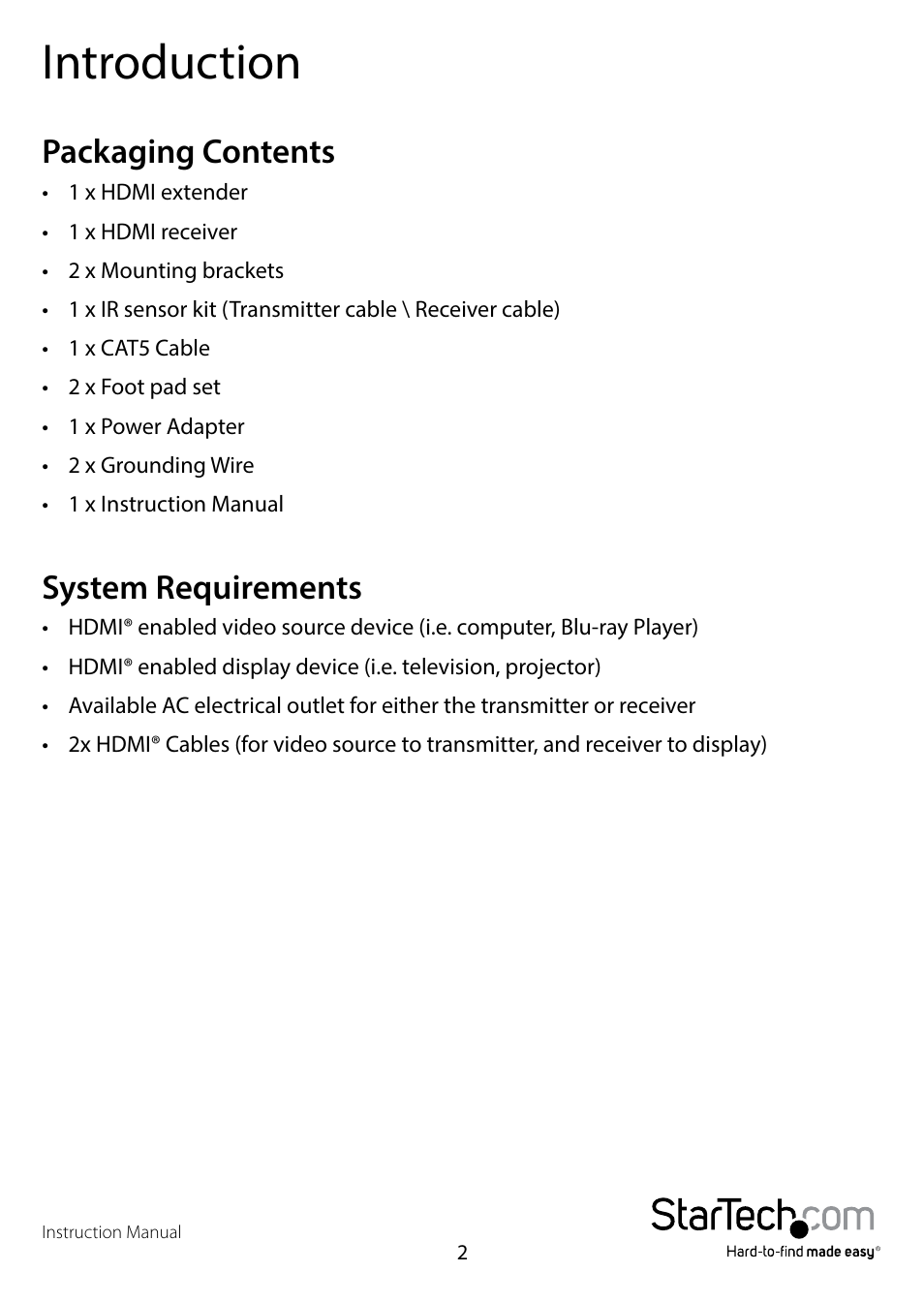Introduction, Packaging contents, System requirements | Packaging contents system requirements | StarTech.com ST121HDBT5 User Manual | Page 5 / 10