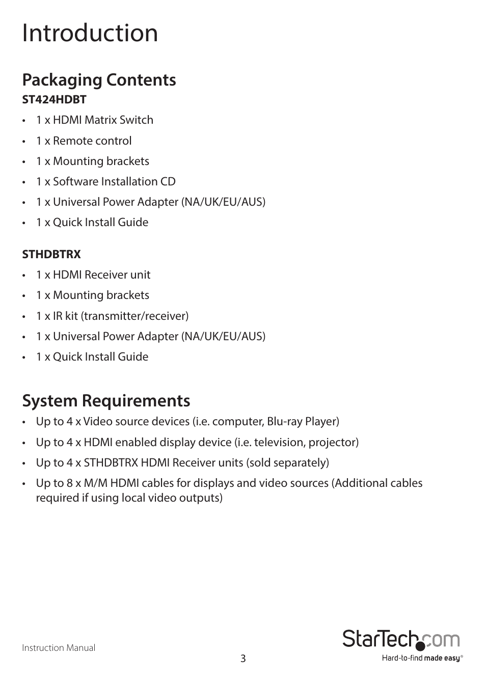 Introduction, Packaging contents, System requirements | StarTech.com STHDBTRX User Manual | Page 6 / 34