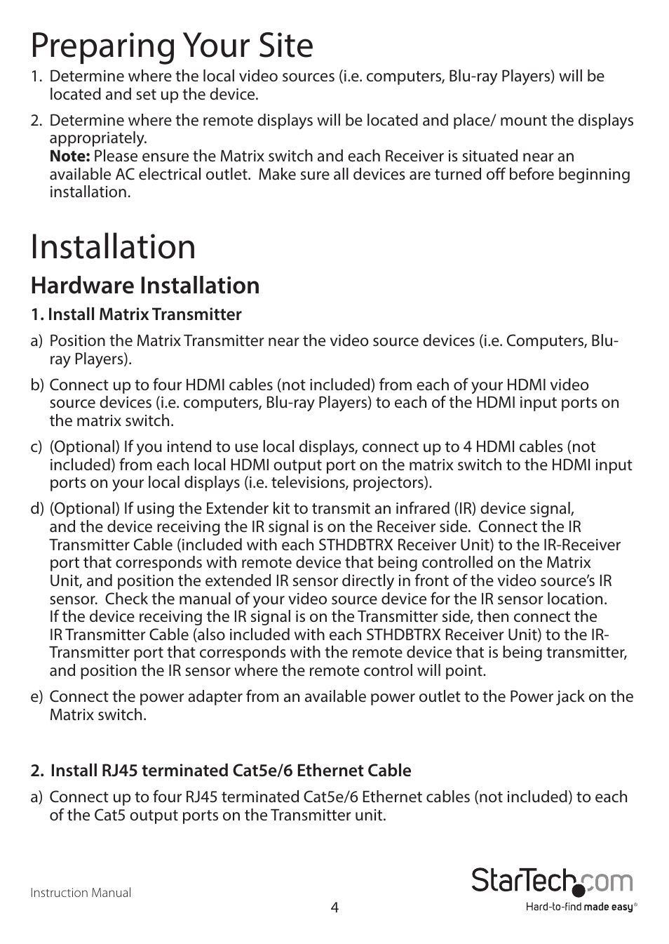 Preparing your site, Installation, Hardware installation | StarTech.com STHDBTRX User Manual | Page 7 / 34