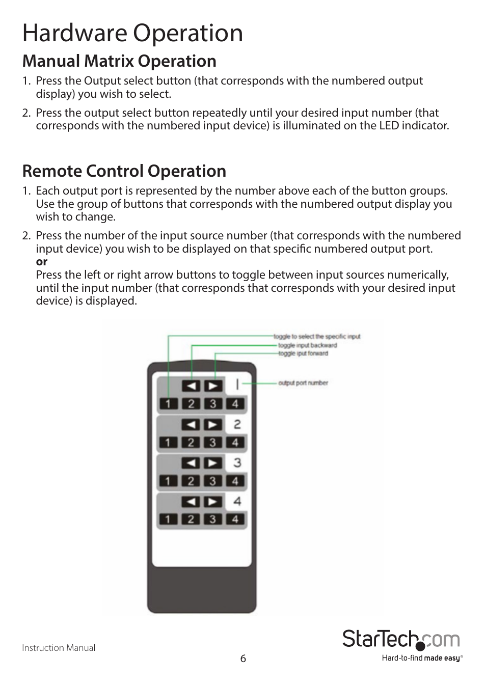 Hardware operation, Manual matrix operation, Remote control operation | StarTech.com STHDBTRX User Manual | Page 9 / 34