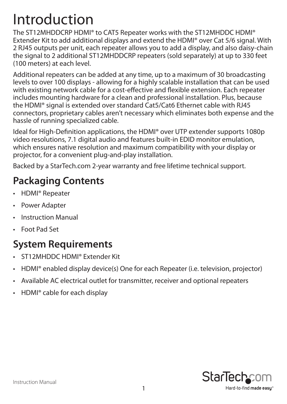 Introduction, Packaging contents, System requirements | StarTech.com ST12MHDDCRP User Manual | Page 4 / 12