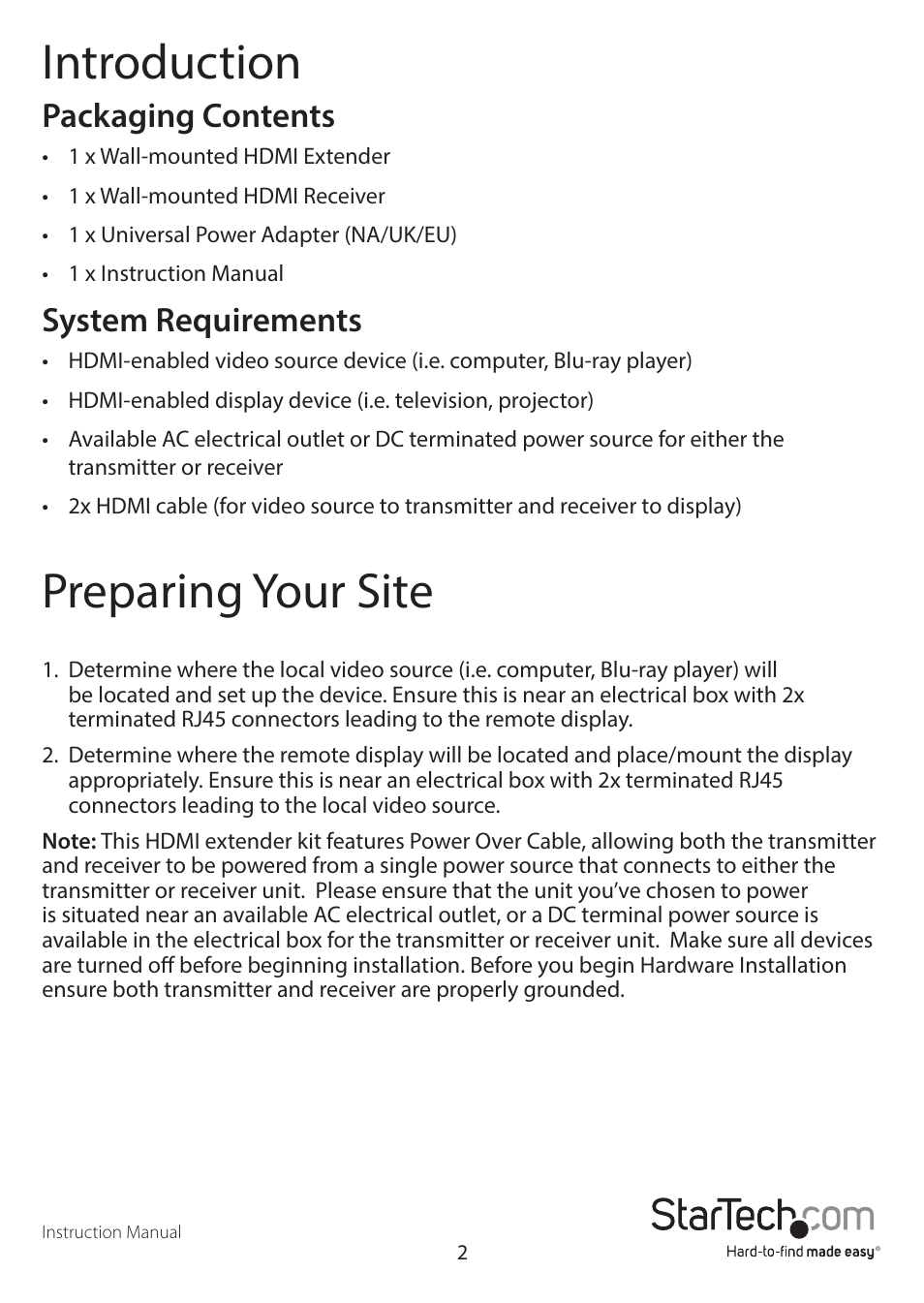 Introduction, Preparing your site, Packaging contents | System requirements | StarTech.com ST121HDWP User Manual | Page 5 / 11