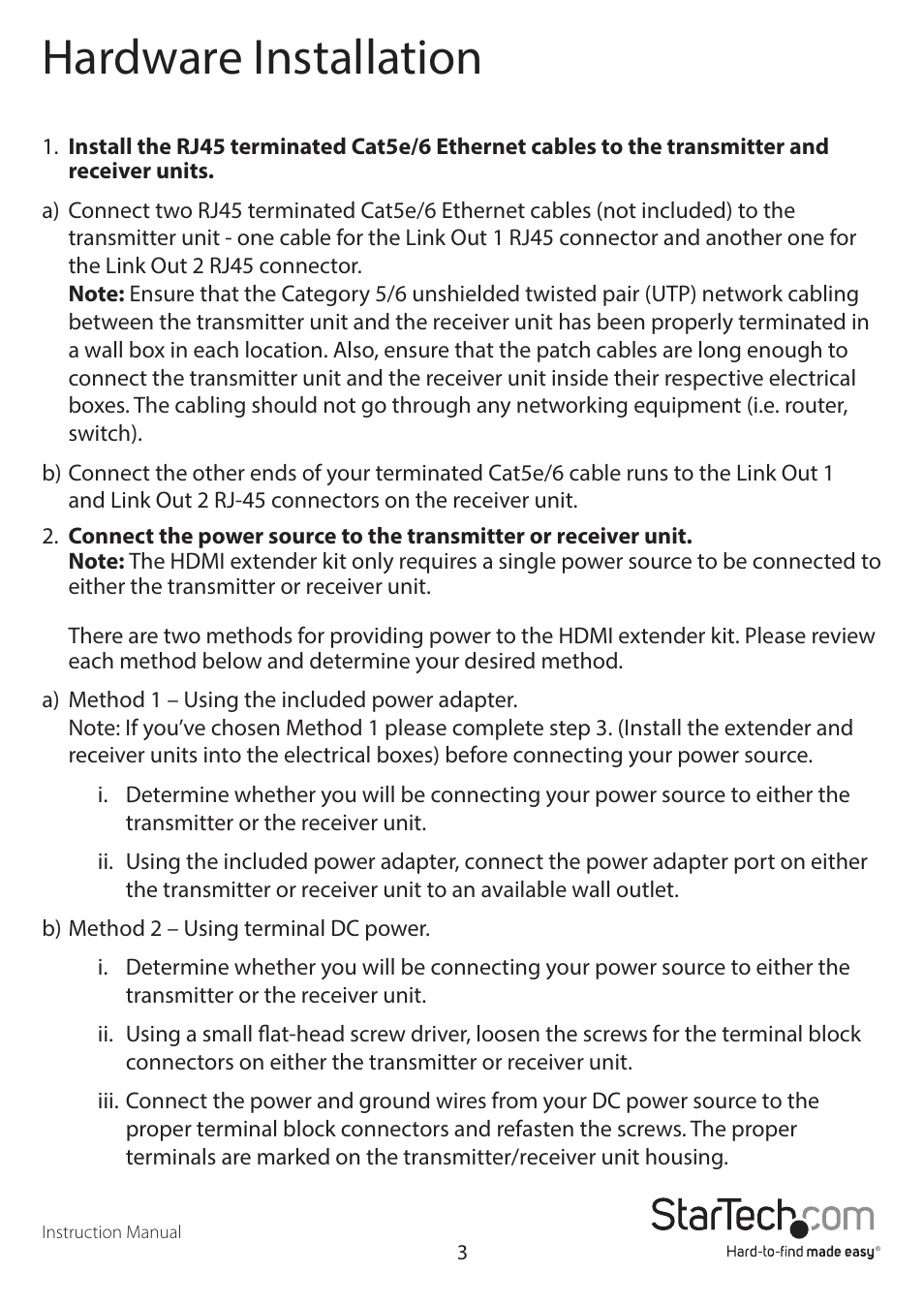 Hardware installation | StarTech.com ST121HDWP User Manual | Page 6 / 11