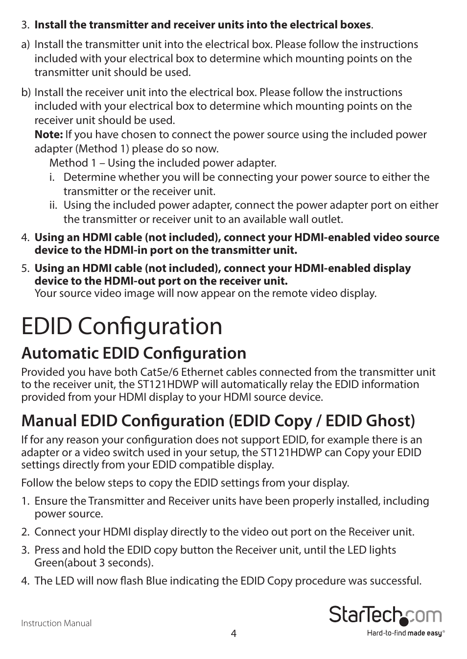 Edid configuration, Automatic edid configuration, Manual edid configuration (edid copy / edid ghost) | StarTech.com ST121HDWP User Manual | Page 7 / 11