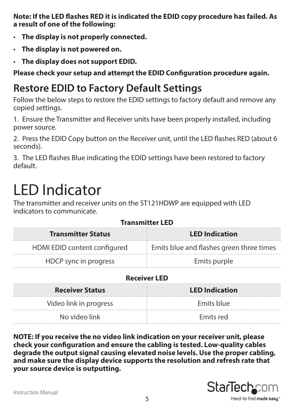 Led indicator, Restore edid to factory default settings | StarTech.com ST121HDWP User Manual | Page 8 / 11