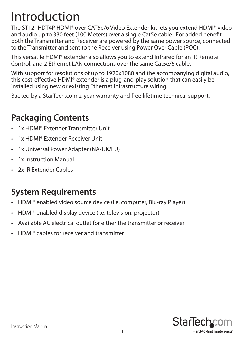 Introduction, Packaging contents, System requirements | StarTech.com ST121HDT4P User Manual | Page 4 / 10