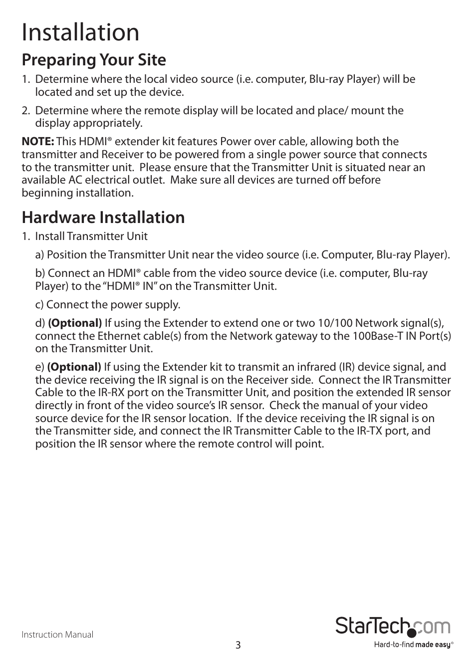 Installation, Preparing your site, Hardware installation | StarTech.com ST121HDT4P User Manual | Page 6 / 10