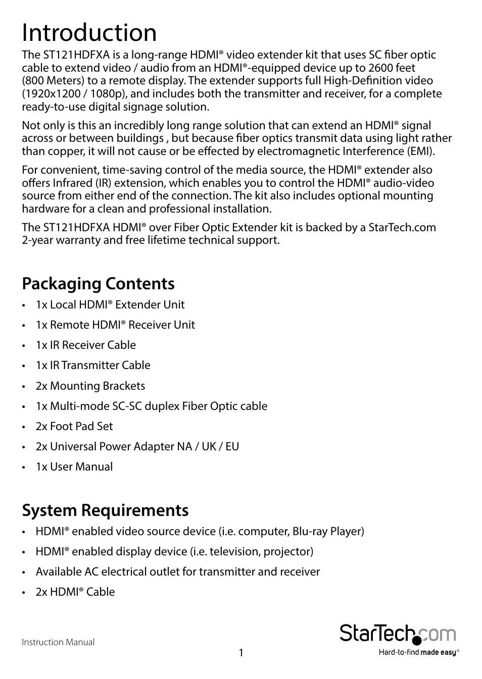 Introduction, Packaging contents, System requirements | Packaging contents system requirements | StarTech.com ST121HDFXA User Manual | Page 4 / 11