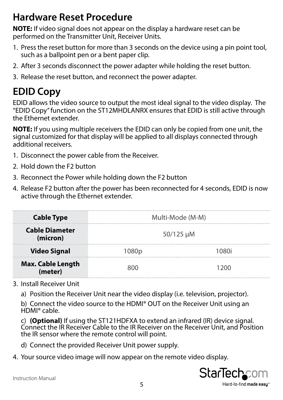 Hardware reset procedure, Edid copy, Hardware reset procedure edid copy | StarTech.com ST121HDFXA User Manual | Page 8 / 11
