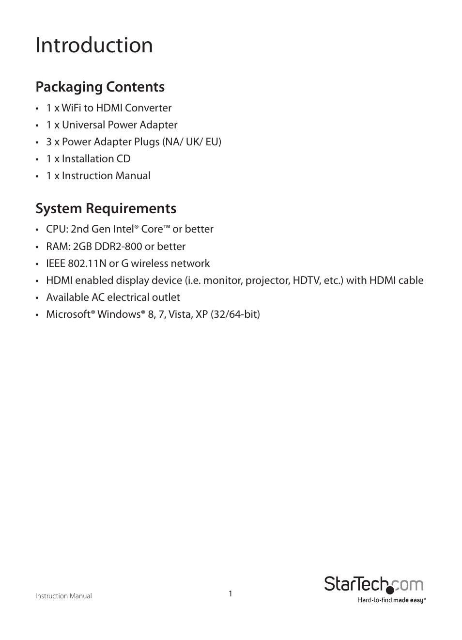 Introduction, Packaging contents, System requirements | StarTech.com WIFI2HD2 User Manual | Page 4 / 27