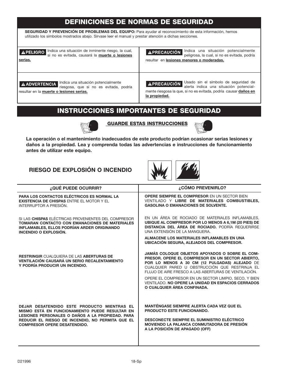 Definiciones de normas de seguridad, Instrucciones importantes de seguridad, Riesgo de explosión o incendio | Craftsman 919.16724 User Manual | Page 18 / 32