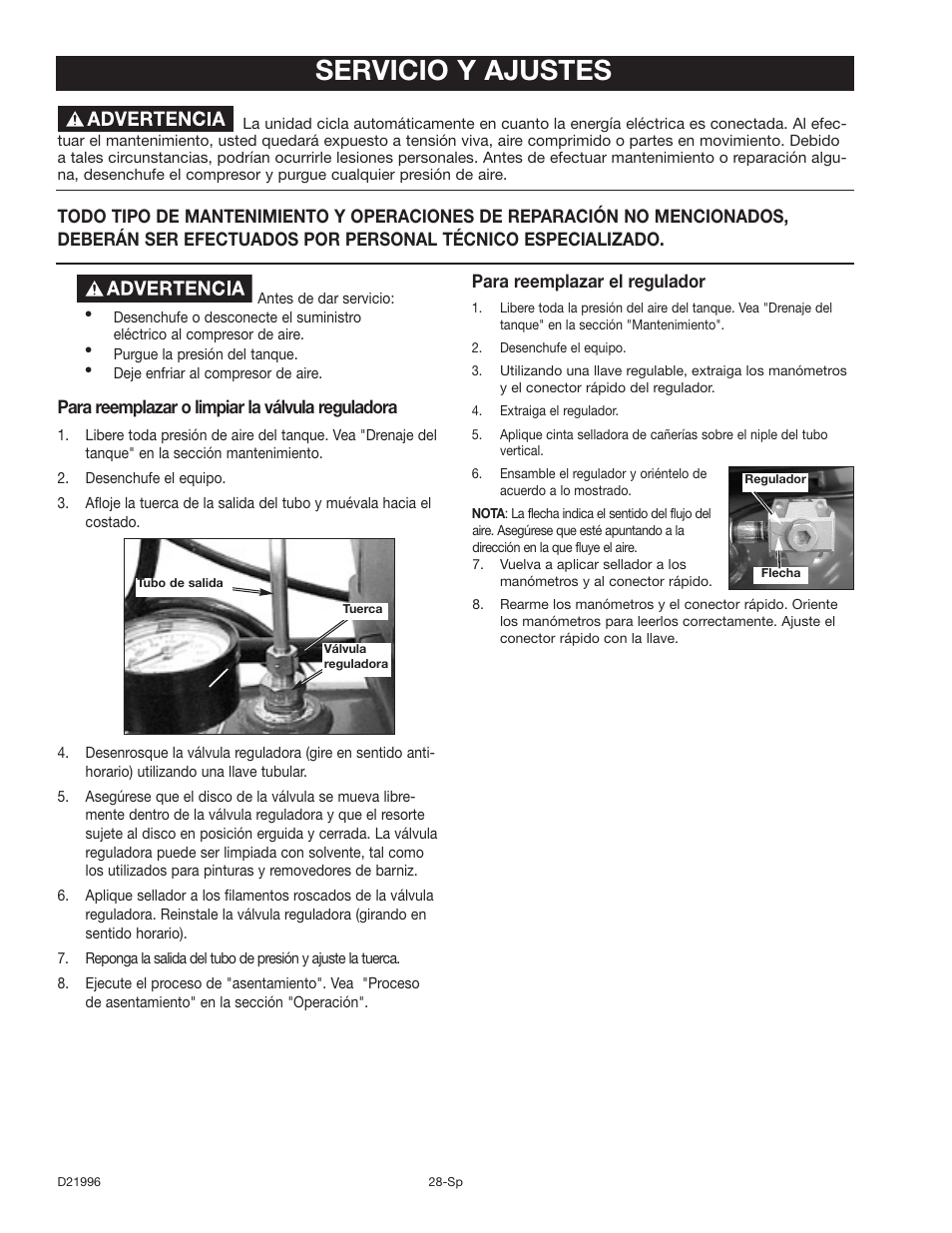 Servicio y ajustes, Para reemplazar o limpiar la válvula reguladora | Craftsman 919.16724 User Manual | Page 28 / 32