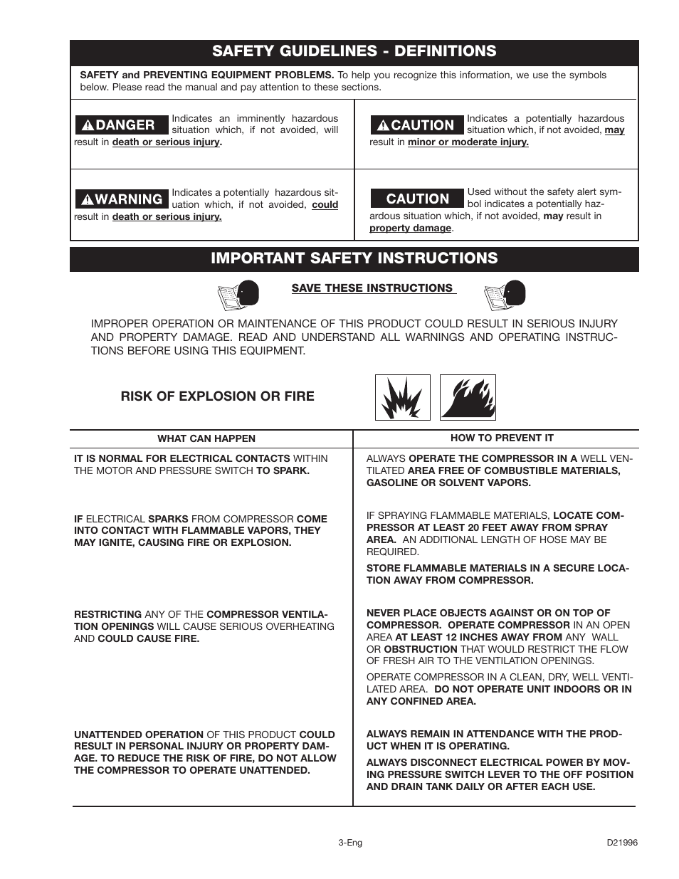 Safety guidelines - definitions, Important safety instructions, Risk of explosion or fire | Craftsman 919.16724 User Manual | Page 3 / 32