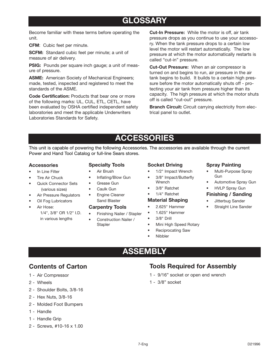 Assembly, Glossary, Accessories | Contents of carton, Tools required for assembly | Craftsman 919.16724 User Manual | Page 7 / 32