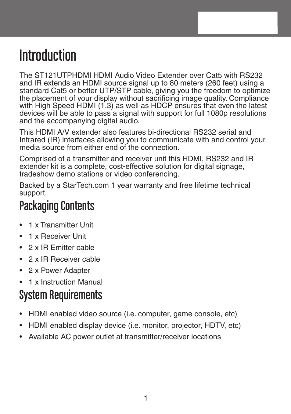 Introduction, Packaging contents, System requirements | StarTech.com ST121UTPHDEU User Manual | Page 4 / 11