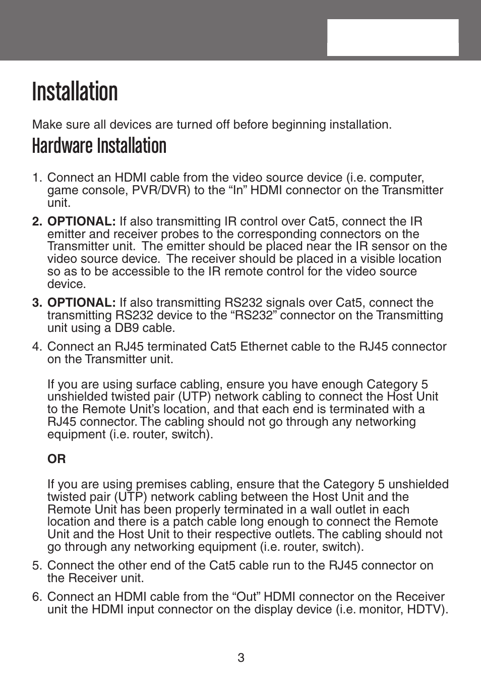 Installation, Hardware installation | StarTech.com ST121UTPHDEU User Manual | Page 6 / 11