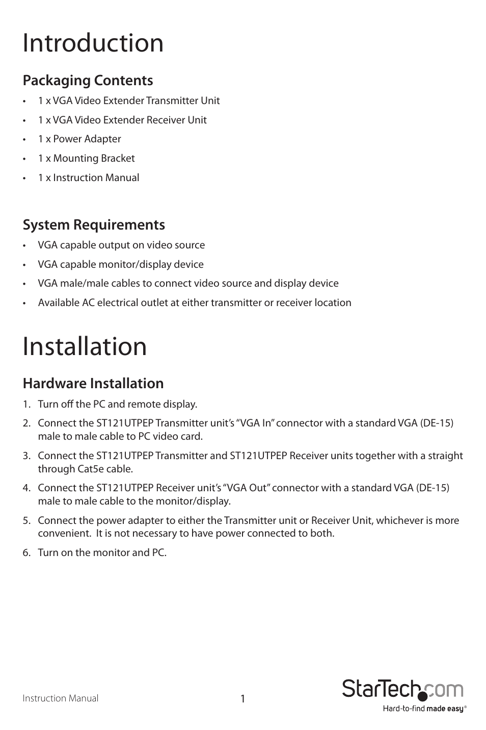 Introduction, Installation | StarTech.com ST121UTPEP User Manual | Page 4 / 8