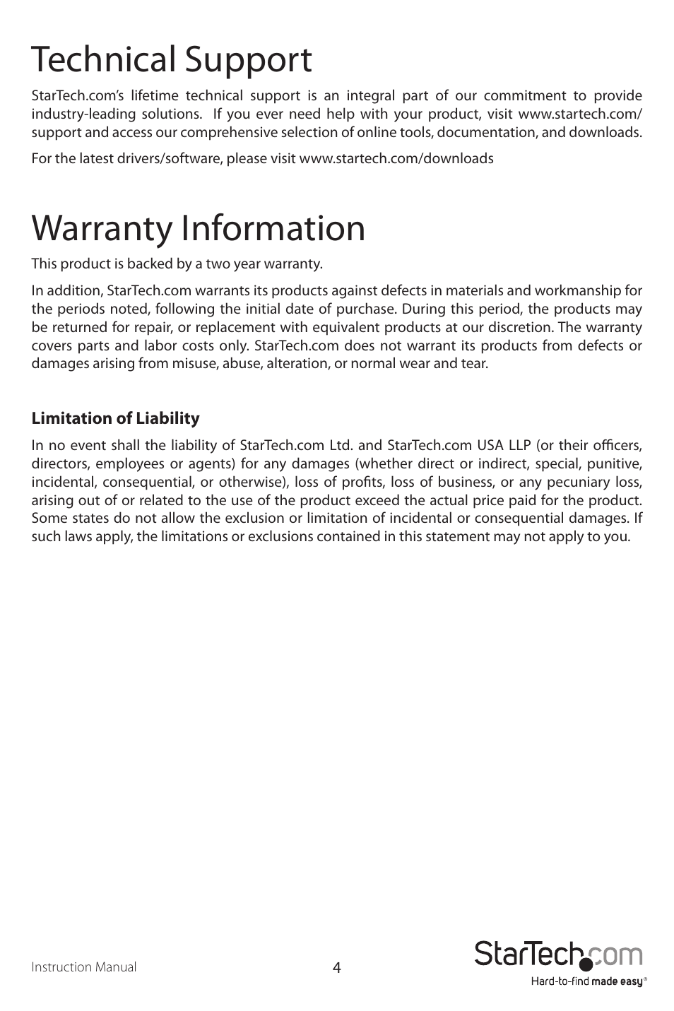 Technical support, Warranty information | StarTech.com ST121UTPEP User Manual | Page 7 / 8