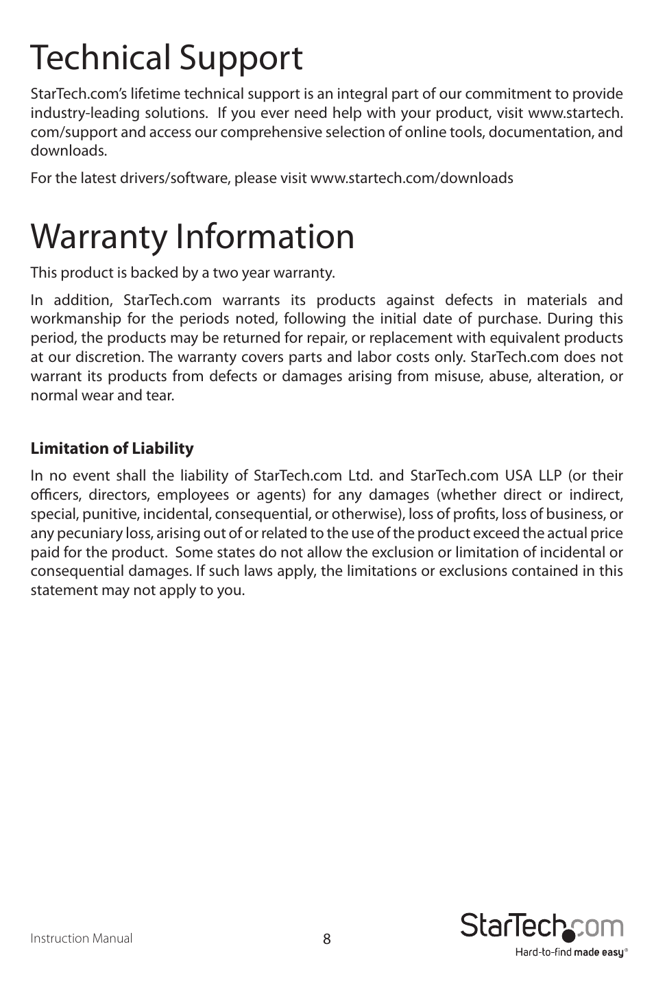 Technical support, Warranty information | StarTech.com ST121UTPEU User Manual | Page 11 / 12