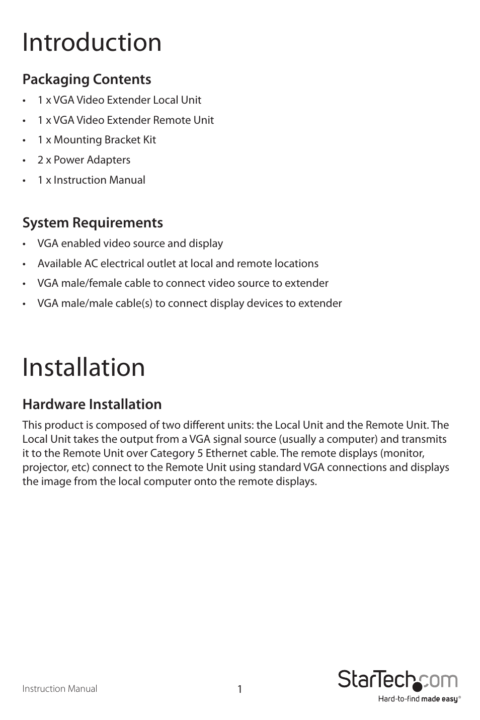 Introduction, Installation | StarTech.com ST121UTPEU User Manual | Page 4 / 12