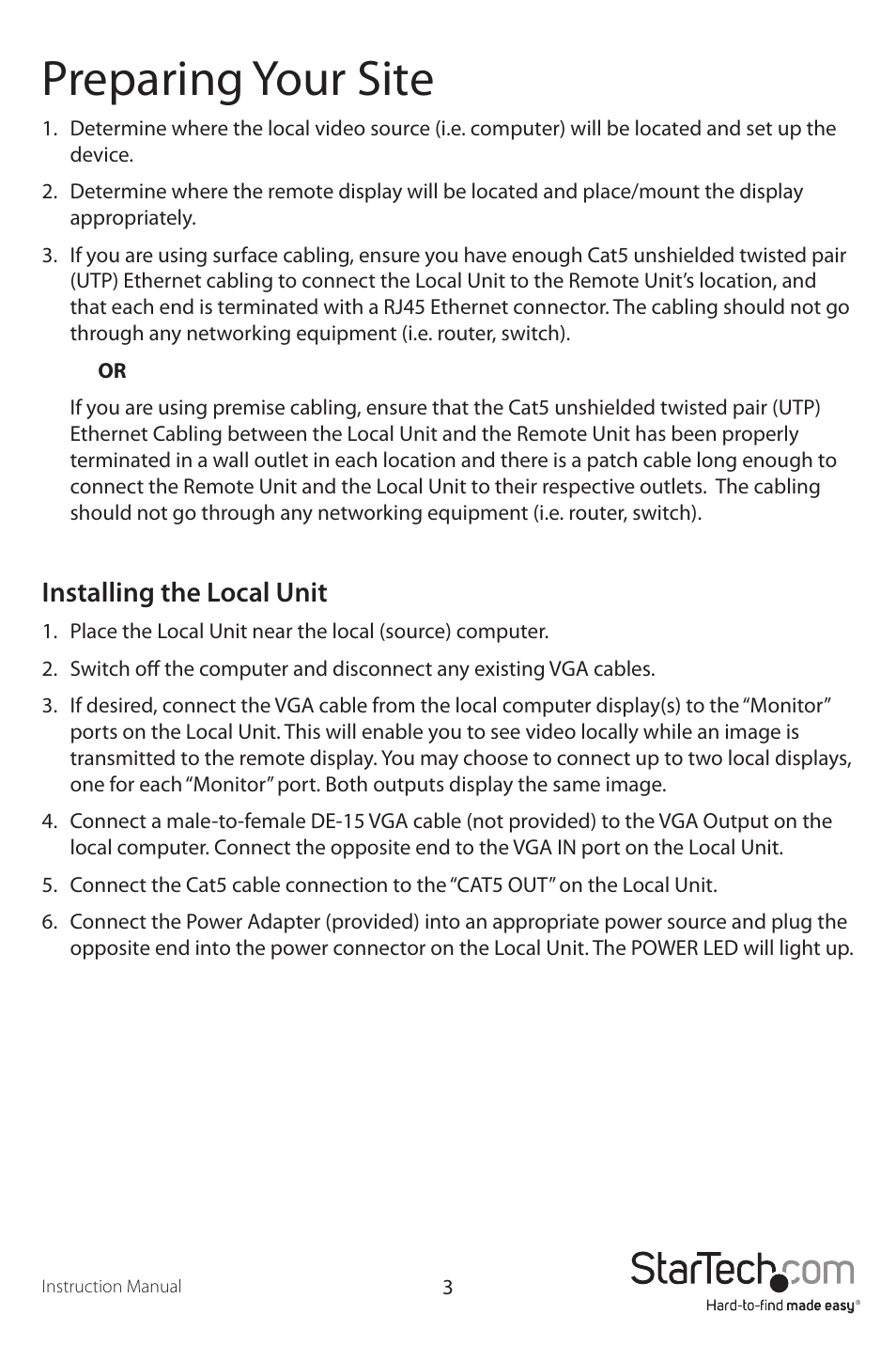 Preparing your site, Installing the local unit | StarTech.com ST121UTPEU User Manual | Page 6 / 12