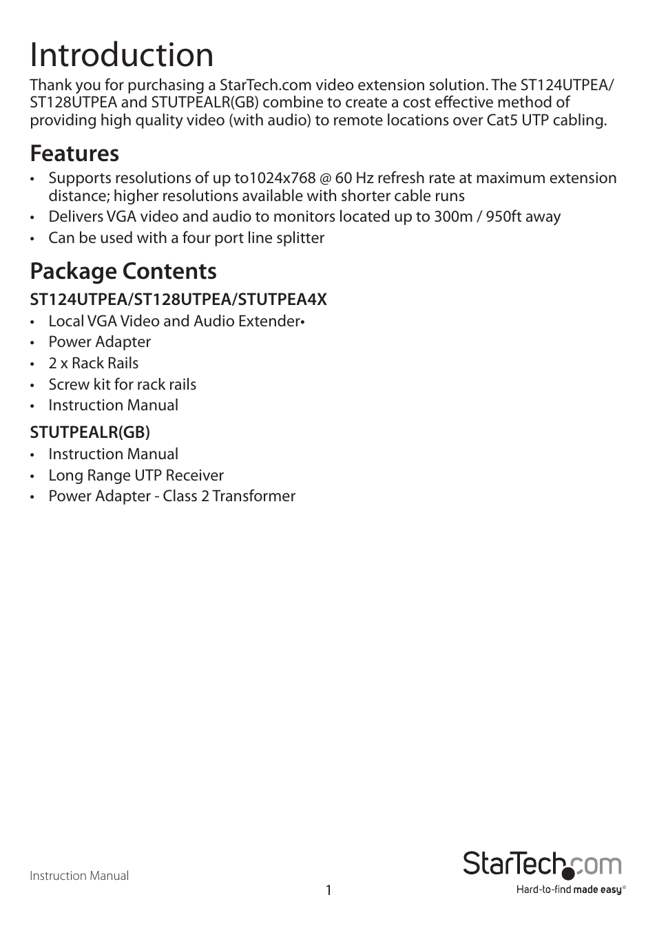 Introduction, Features, Package contents | StarTech.com STUTPEA4X User Manual | Page 4 / 13