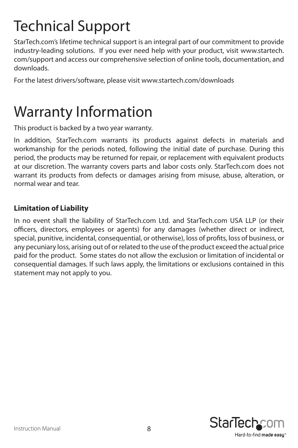 Technical support, Warranty information | StarTech.com ST122UTPAEU User Manual | Page 11 / 12