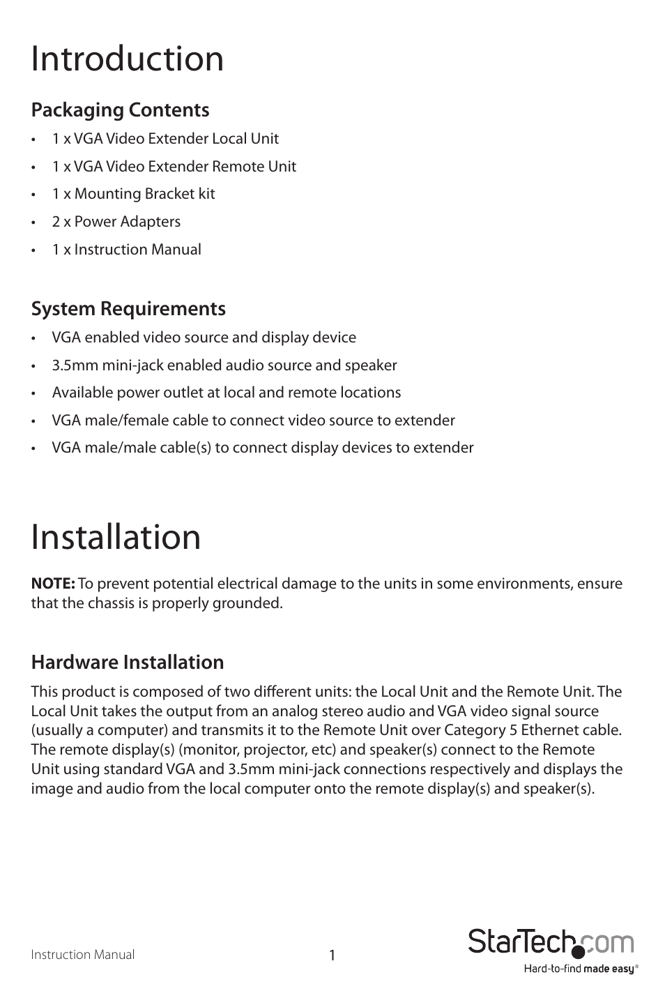 Introduction, Installation | StarTech.com ST122UTPAEU User Manual | Page 4 / 12