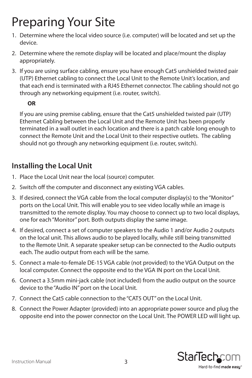 Preparing your site, Installing the local unit | StarTech.com ST122UTPAEU User Manual | Page 6 / 12