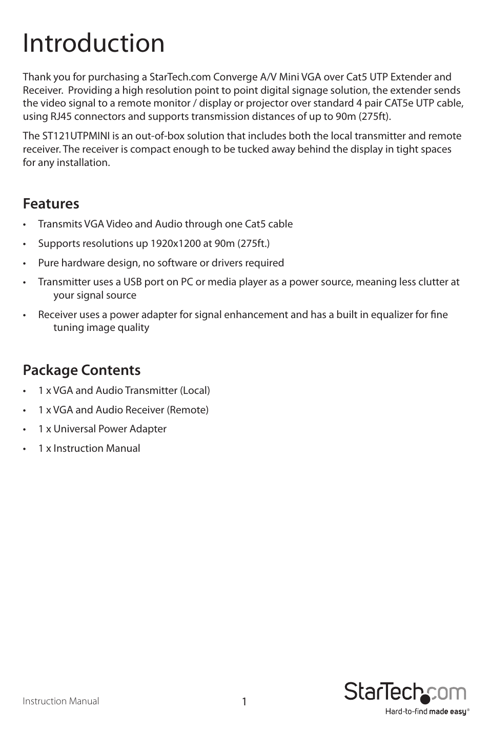 Introduction, Features, Package contents | StarTech.com ST121UTPMINI User Manual | Page 4 / 10