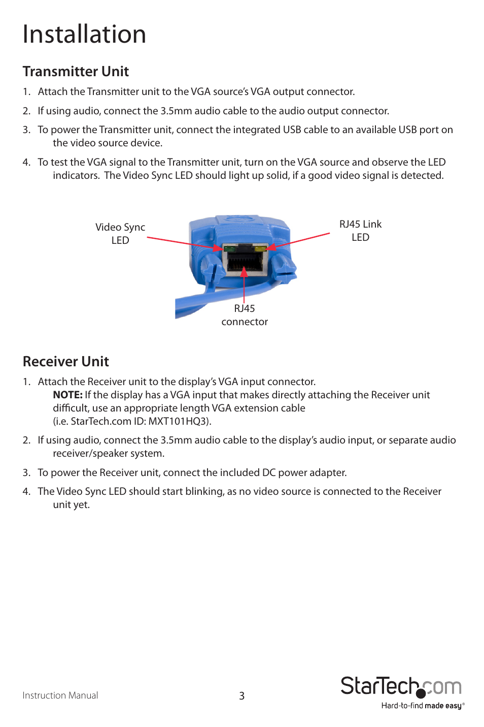 Installation, Transmitter unit, Receiver unit | StarTech.com ST121UTPMINI User Manual | Page 6 / 10