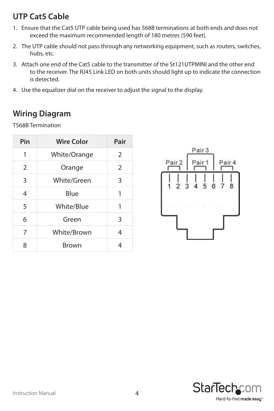 Utp cat5 cable, Wiring diagram | StarTech.com ST121UTPMINI User Manual | Page 7 / 10