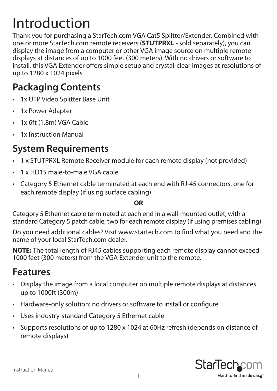 Introduction, Packaging contents, System requirements | Features | StarTech.com ST128UTPE User Manual | Page 4 / 10