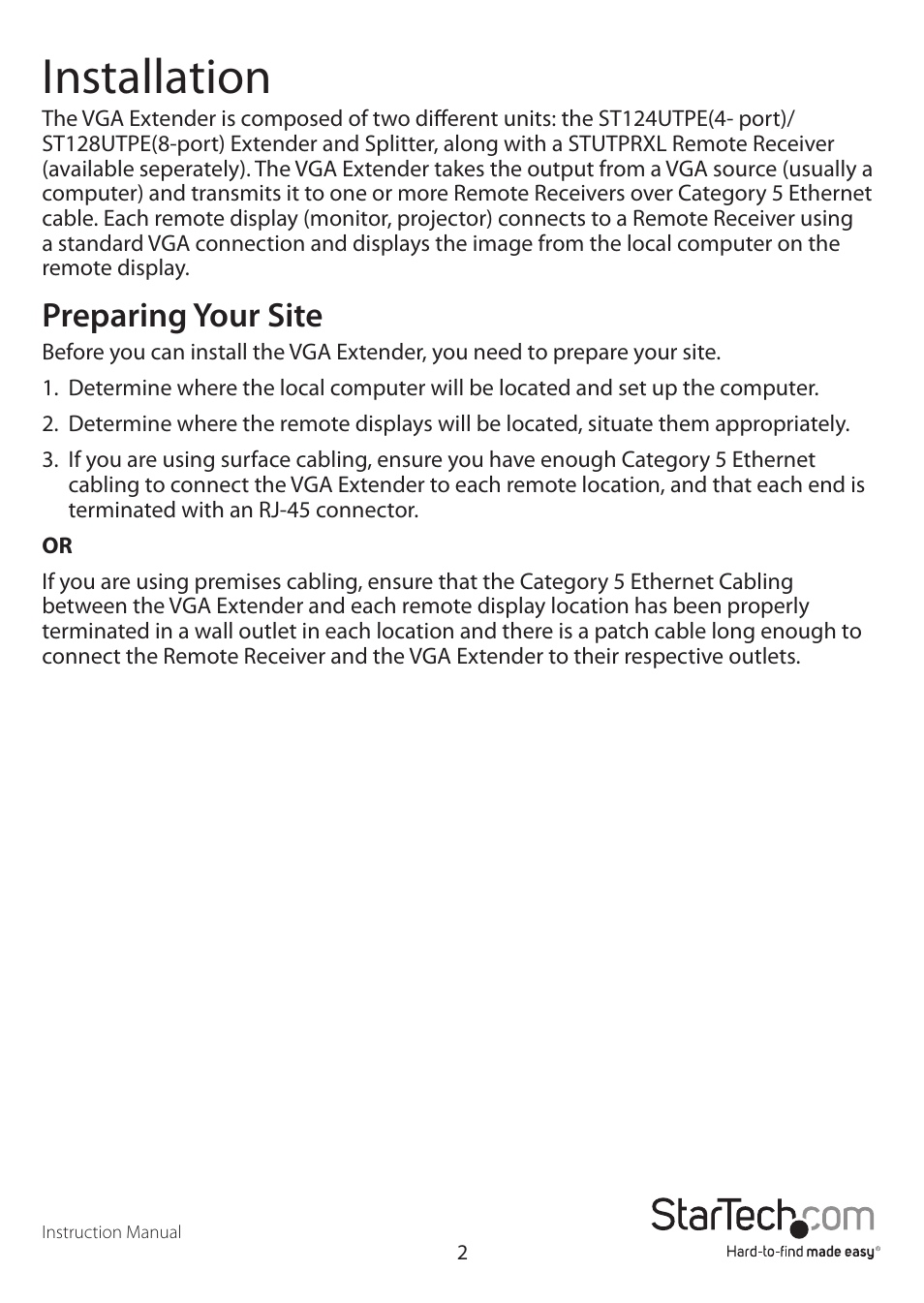Installation, Preparing your site | StarTech.com ST128UTPE User Manual | Page 5 / 10