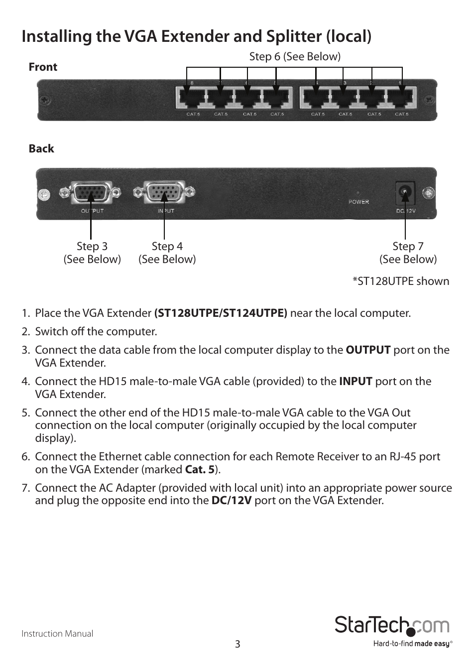 Installing the vga extender and splitter (local) | StarTech.com ST128UTPE User Manual | Page 6 / 10