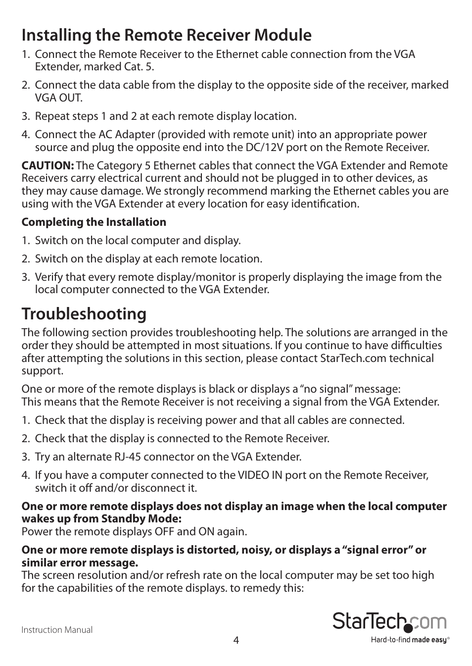 Installing the remote receiver module, Troubleshooting | StarTech.com ST128UTPE User Manual | Page 7 / 10