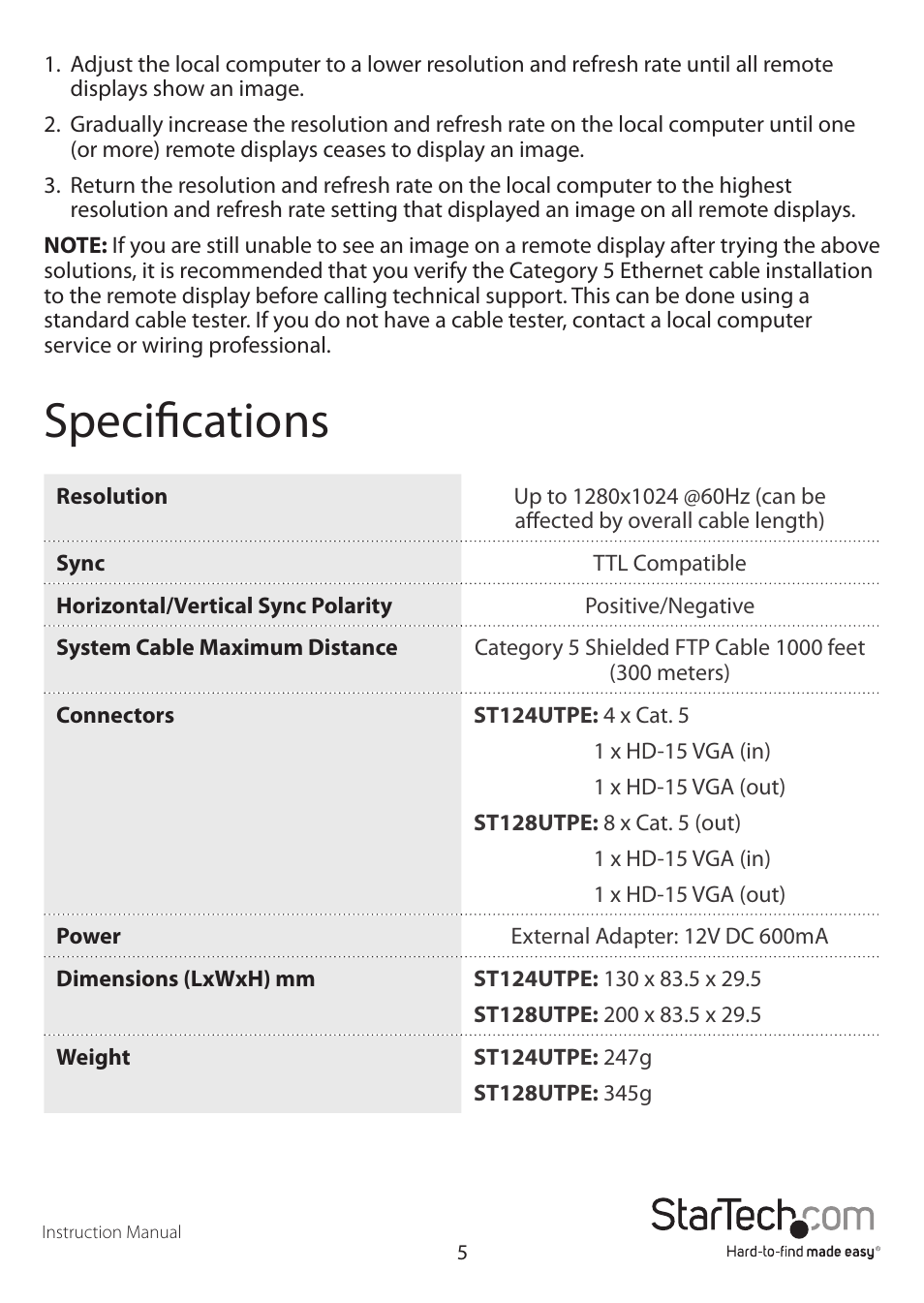 Specifications | StarTech.com ST128UTPE User Manual | Page 8 / 10